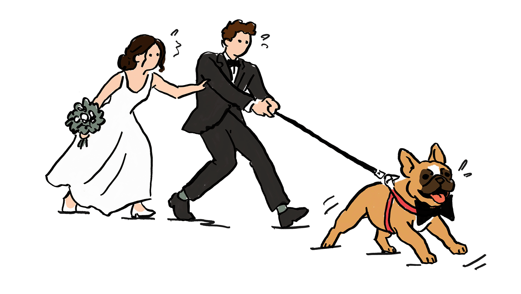 Illustration of the bride and groom being dragged along by their french bulldog on a leash